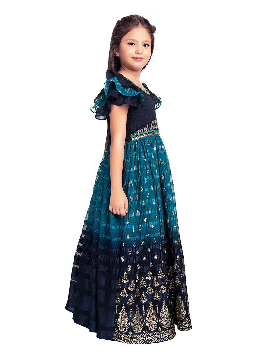 Navy Blue Coloured Hand Embroidery Flutter Sleeves Style Gown For Girls - Betty Ethnic India - Gown - Betty Girls Wear Online