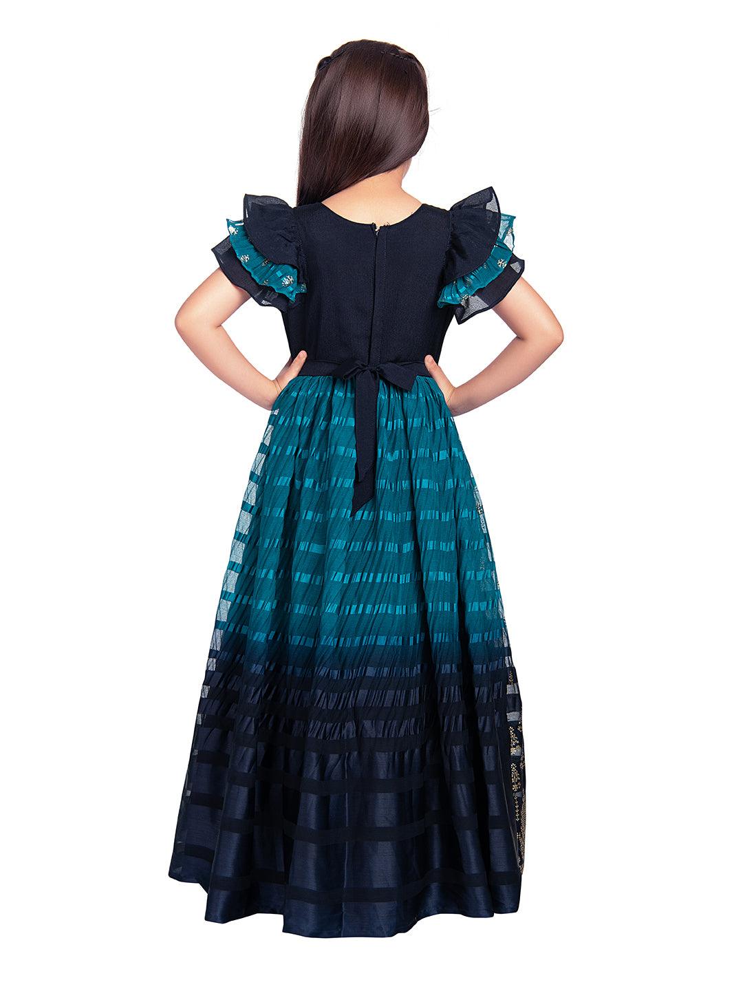 Navy Blue Coloured Hand Embroidery Flutter Sleeves Style Gown For Girls - Betty Ethnic India - Gown - Betty Girls Wear Online