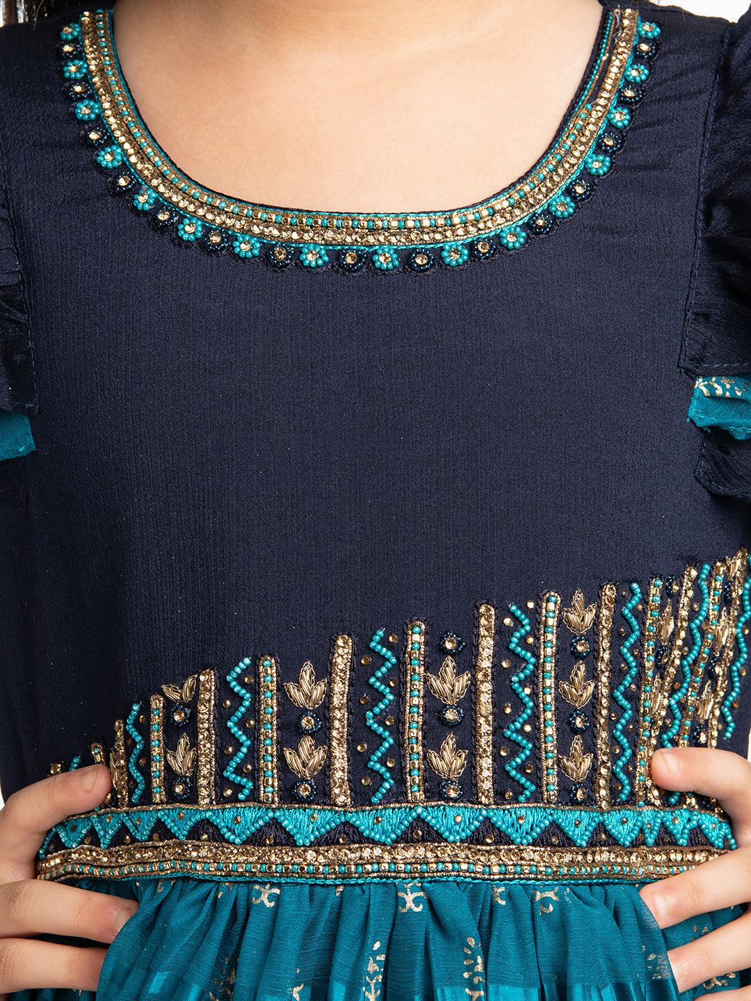 Navy Blue Coloured Hand Embroidery Flutter Sleeves Style Gown For Girls - Betty Ethnic India - Gown - Betty Girls Wear Online