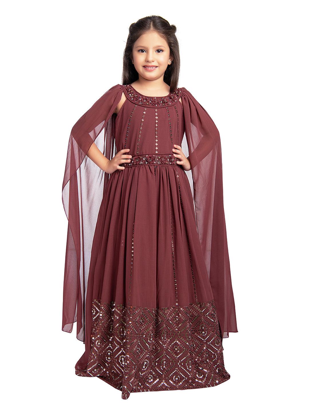 Plum Wine Coloured Embellished Two Sided Sleeves Style Georgette Gown For Girls - Betty Ethnic India - Gown - Betty Girls Wear Online