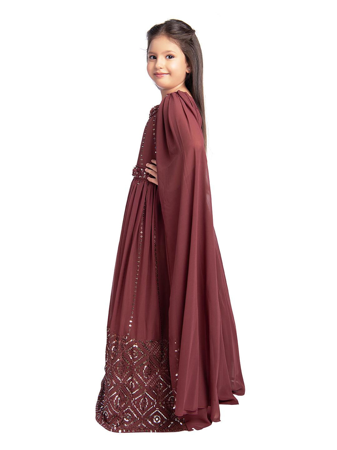 Plum Wine Coloured Embellished Two Sided Sleeves Style Georgette Gown For Girls - Betty Ethnic India - Gown - Betty Girls Wear Online