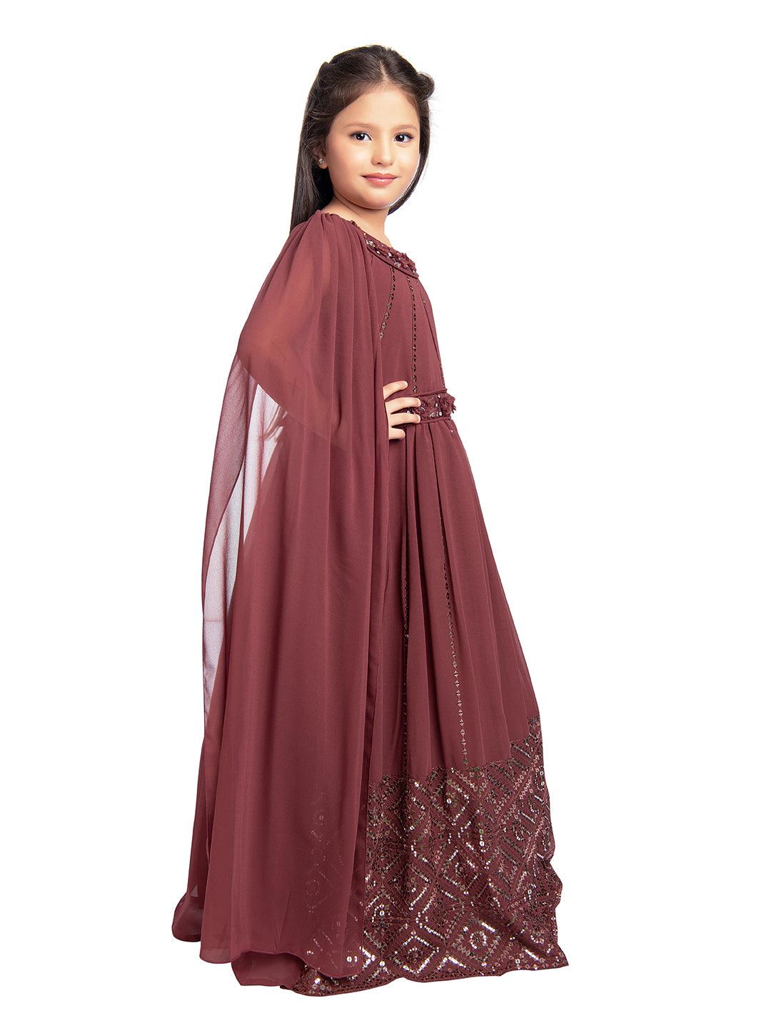 Plum Wine Coloured Embellished Two Sided Sleeves Style Georgette Gown For Girls - Betty Ethnic India - Gown - Betty Girls Wear Online