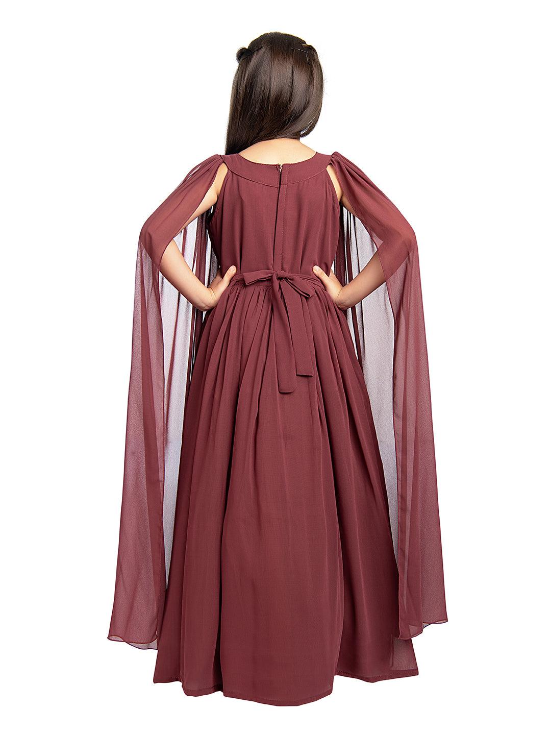 Plum Wine Coloured Embellished Two Sided Sleeves Style Georgette Gown For Girls - Betty Ethnic India - Gown - Betty Girls Wear Online