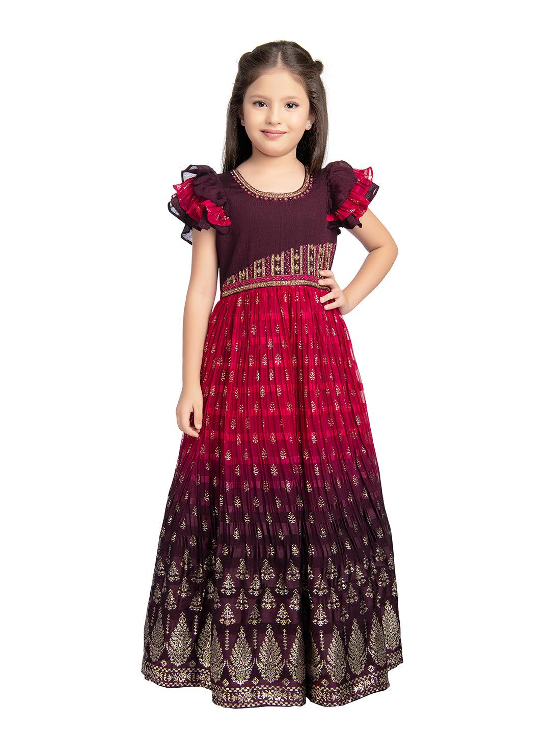 Burgundy Coloured Hand Embroidery Flutter Sleeves Style Gown For Girls - Betty Ethnic India - Gown - Betty Girls Wear Online