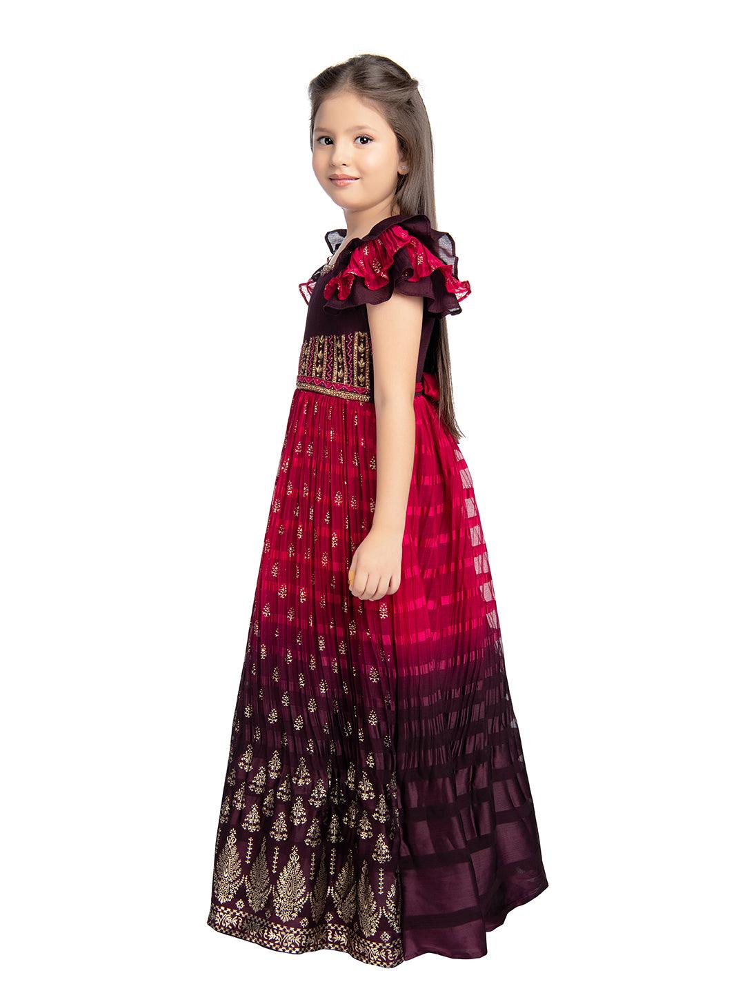Burgundy Coloured Hand Embroidery Flutter Sleeves Style Gown For Girls - Betty Ethnic India - Gown - Betty Girls Wear Online