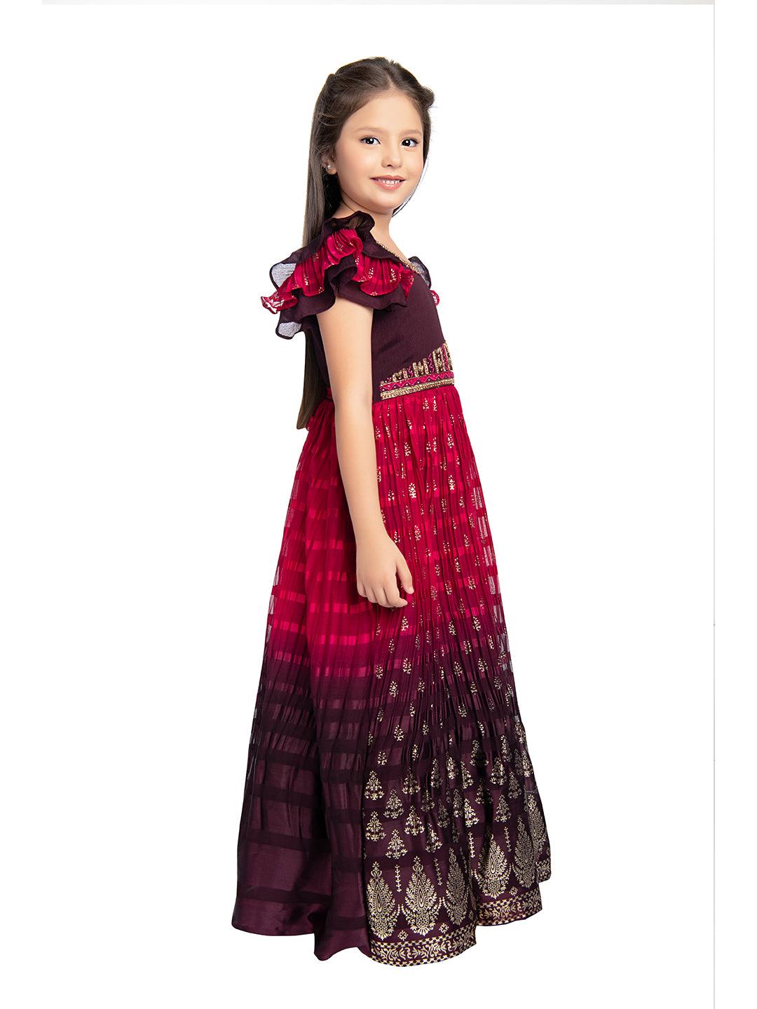 Burgundy Coloured Hand Embroidery Flutter Sleeves Style Gown For Girls - Betty Ethnic India - Gown - Betty Girls Wear Online