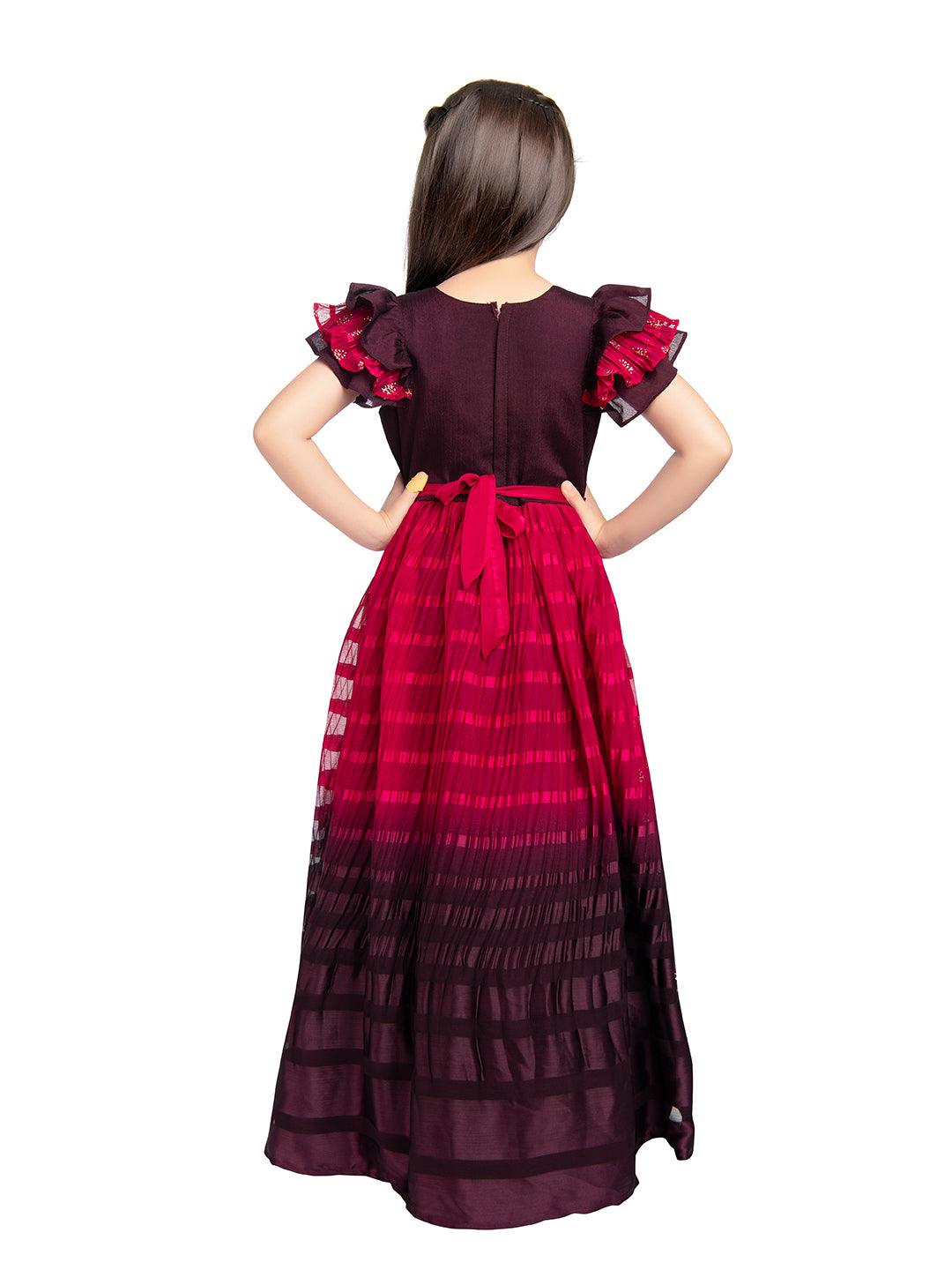 Burgundy Coloured Hand Embroidery Flutter Sleeves Style Gown For Girls - Betty Ethnic India - Gown - Betty Girls Wear Online