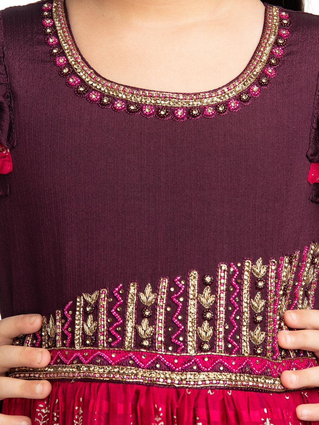 Burgundy Coloured Hand Embroidery Flutter Sleeves Style Gown For Girls - Betty Ethnic India - Gown - Betty Girls Wear Online