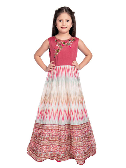 Rose Coloured Ethnic Motifs Gown For Girls - Betty Ethnic India - Gown - Betty Girls Wear Online
