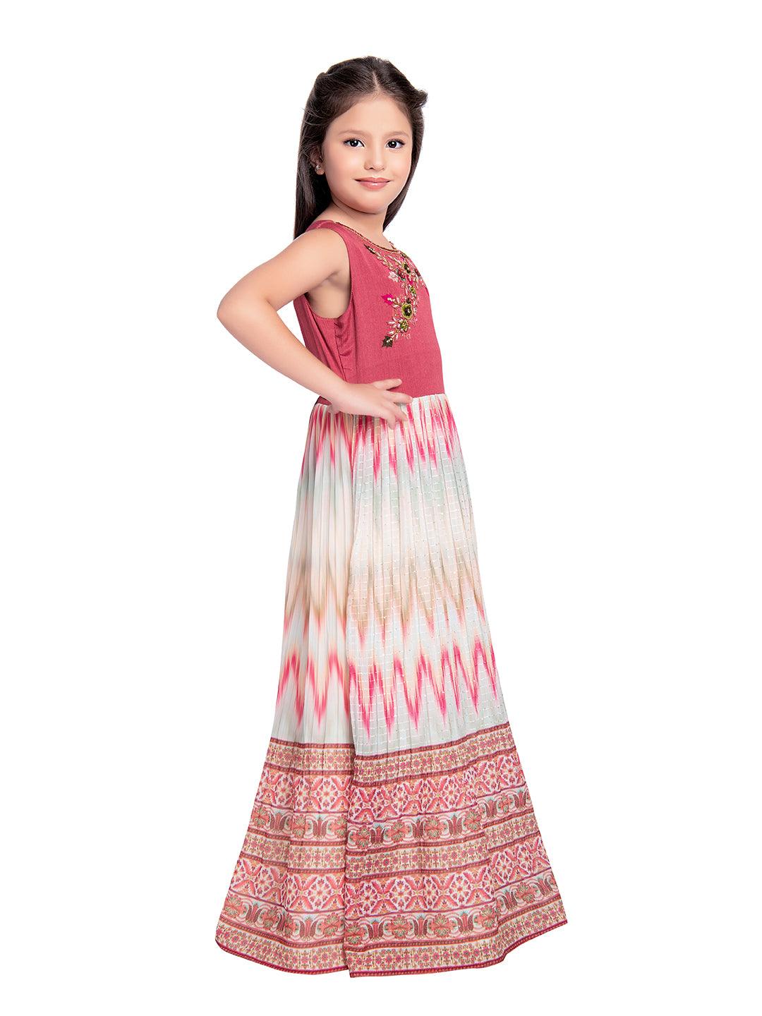 Rose Coloured Ethnic Motifs Gown For Girls - Betty Ethnic India - Gown - Betty Girls Wear Online