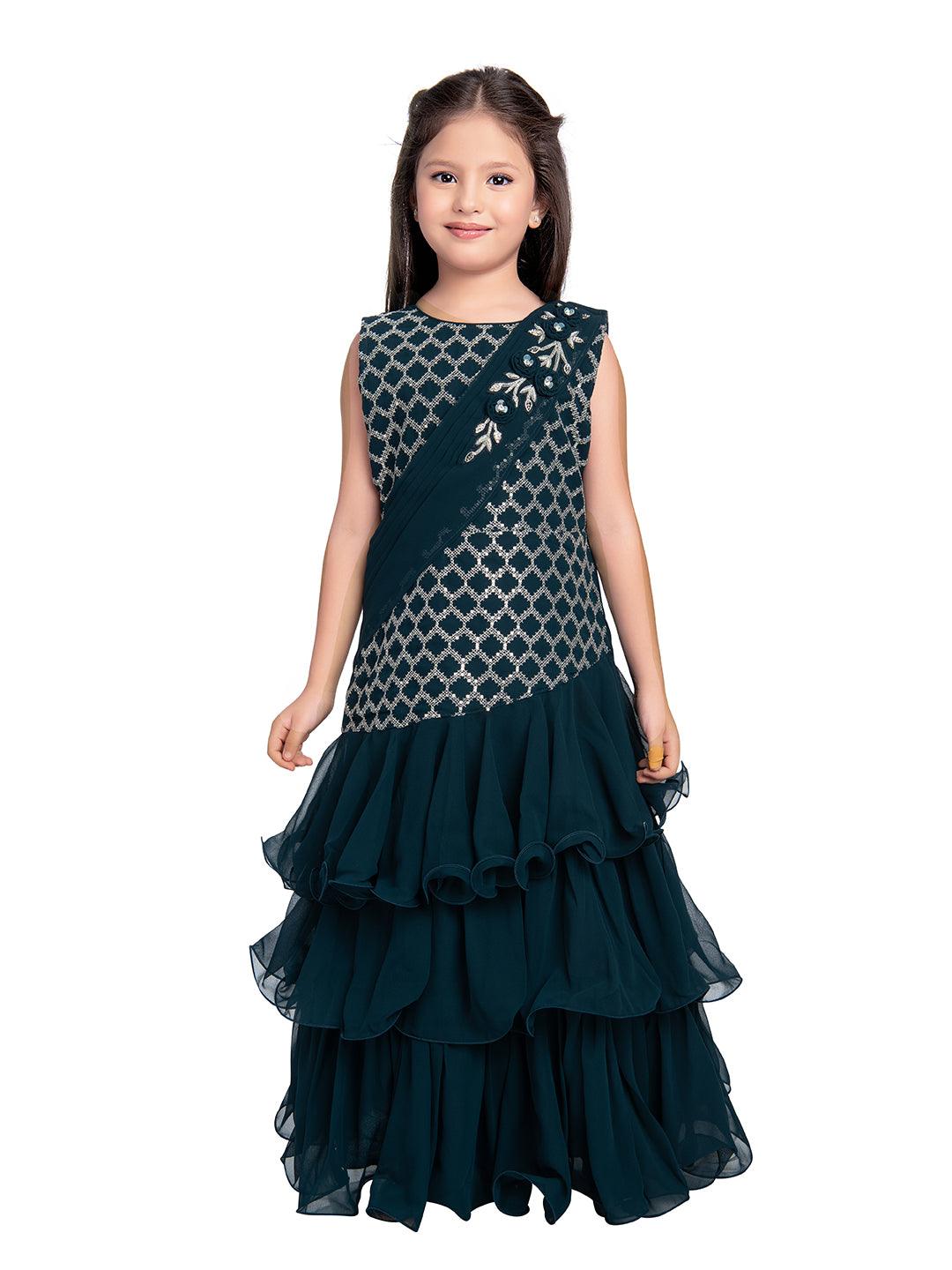 Peacock Blue Coloured Frill Styled Gown For Girls - Betty Ethnic India - Gown - Betty Girls Wear Online