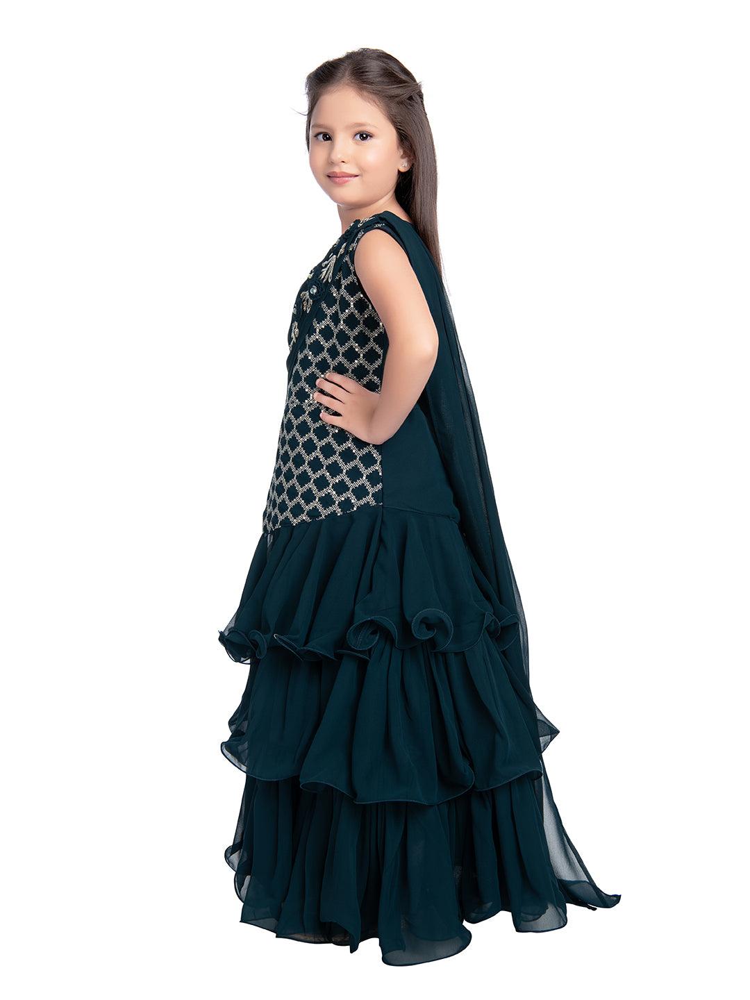 Peacock Blue Coloured Frill Styled Gown For Girls - Betty Ethnic India - Gown - Betty Girls Wear Online