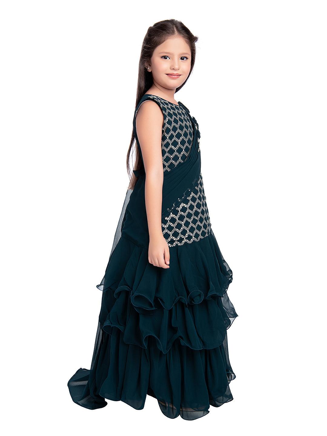 Peacock Blue Coloured Frill Styled Gown For Girls - Betty Ethnic India - Gown - Betty Girls Wear Online