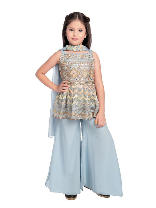 All Over Floral Embroidered & Mirror Work Embellished Kurta With Russian Palazzo & Dupatta For Girls - Betty Ethnic India - Gharara / Sharara Set - Betty Girls Wear Online