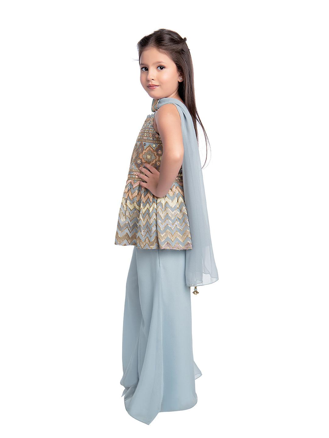 All Over Floral Embroidered & Mirror Work Embellished Kurta With Russian Palazzo & Dupatta For Girls - Betty Ethnic India - Gharara / Sharara Set - Betty Girls Wear Online