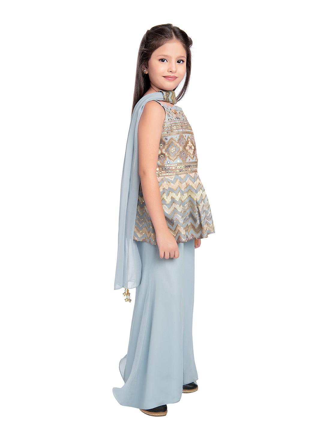 All Over Floral Embroidered & Mirror Work Embellished Kurta With Russian Palazzo & Dupatta For Girls - Betty Ethnic India - Gharara / Sharara Set - Betty Girls Wear Online