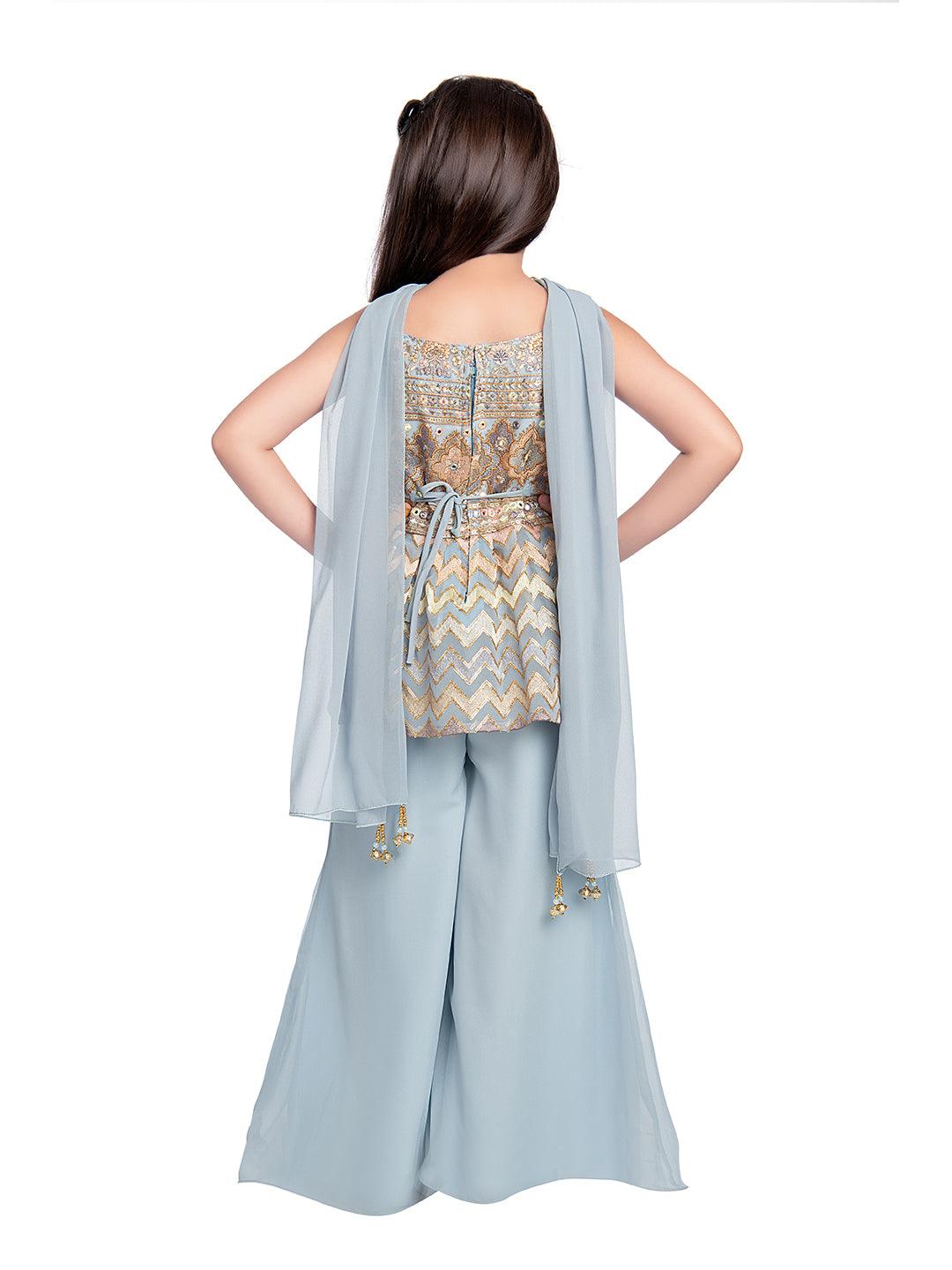 All Over Floral Embroidered & Mirror Work Embellished Kurta With Russian Palazzo & Dupatta For Girls - Betty Ethnic India - Gharara / Sharara Set - Betty Girls Wear Online