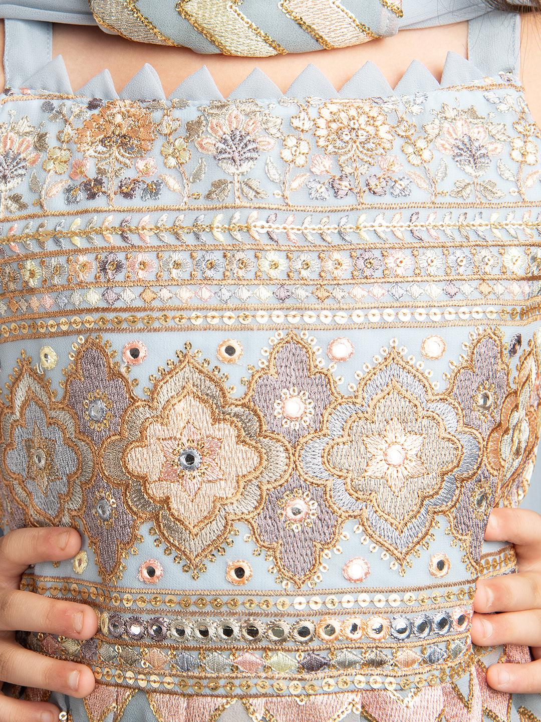 All Over Floral Embroidered & Mirror Work Embellished Kurta With Russian Palazzo & Dupatta For Girls - Betty Ethnic India - Gharara / Sharara Set - Betty Girls Wear Online