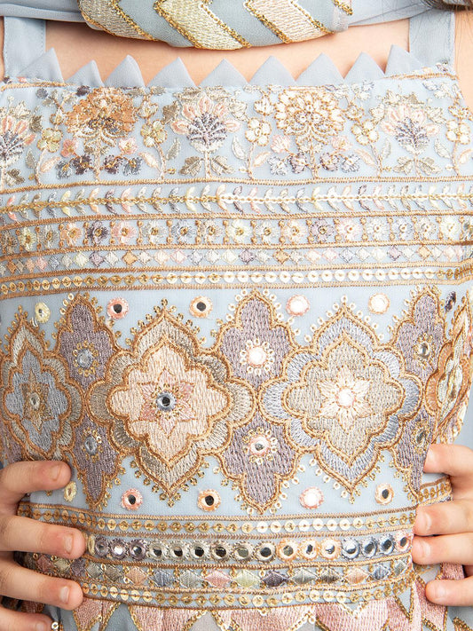 All Over Floral Embroidered & Mirror Work Embellished Kurta With Russian Palazzo & Dupatta For Girls - Betty Ethnic India - Gharara / Sharara Set - Betty Girls Wear Online