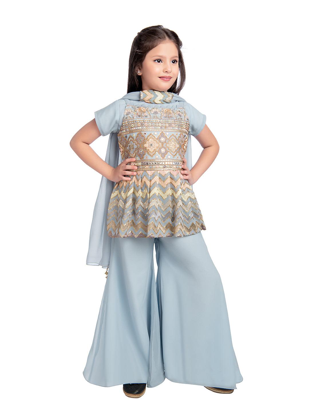 All Over Floral Embroidered & Mirror Work Embellished Kurta With Russian Palazzo & Dupatta For Girls - Betty Ethnic India - Gharara / Sharara Set - Betty Girls Wear Online