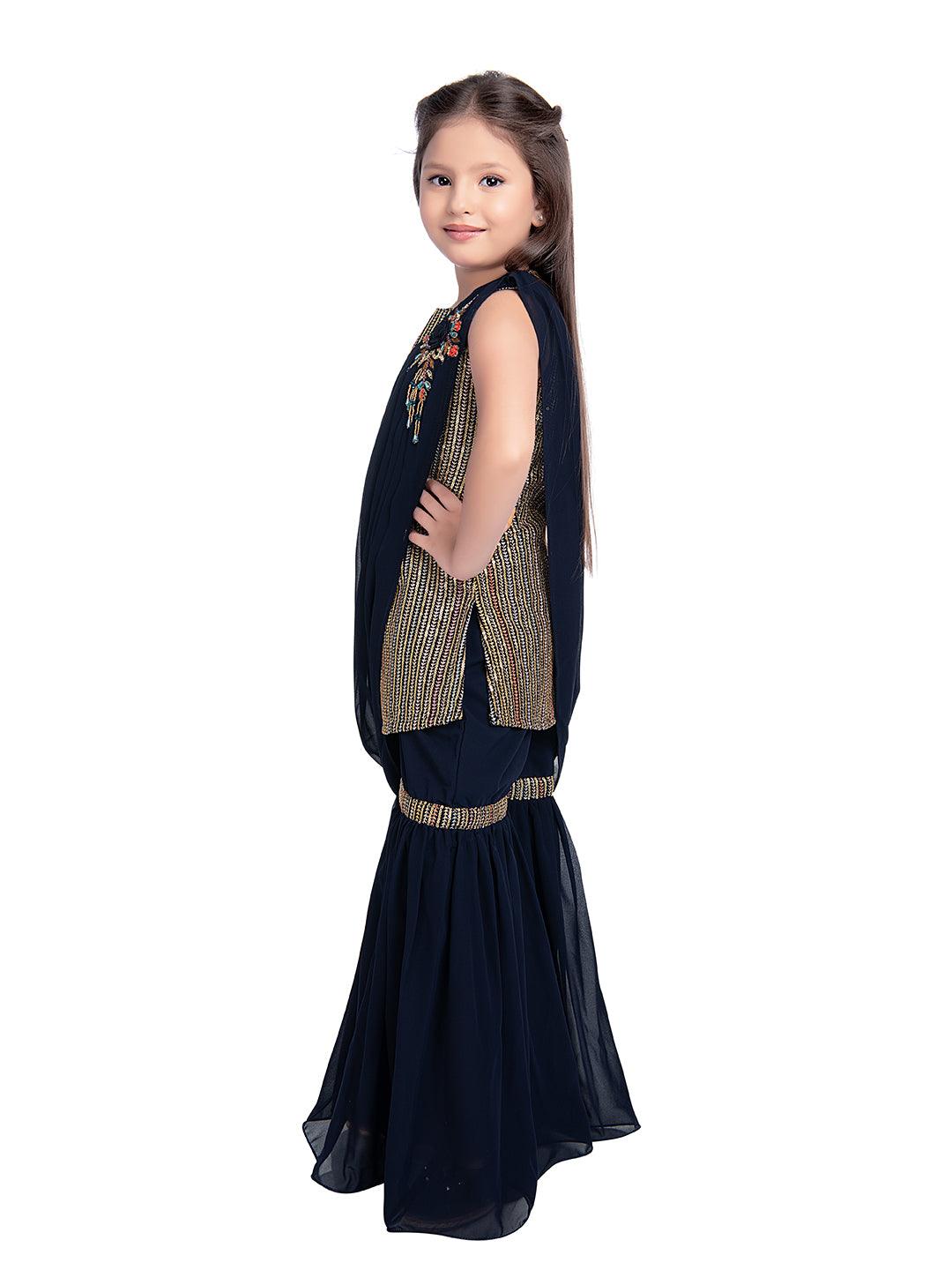 Navy Blue Striped Sequinned Kurta with Sharara & With Dupatta For Girls - Betty Ethnic India - Gharara / Sharara Set - Betty Girls Wear Online