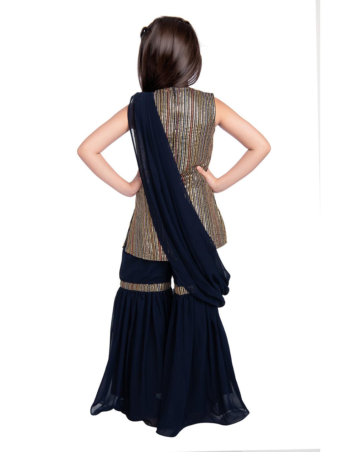 Navy Blue Striped Sequinned Kurta with Sharara & With Dupatta For Girls - Betty Ethnic India - Gharara / Sharara Set - Betty Girls Wear Online