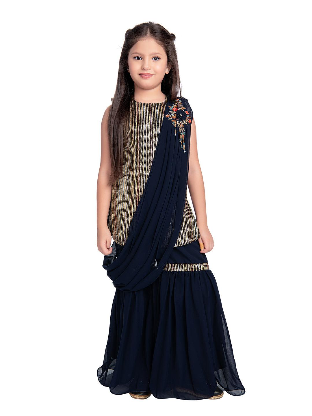 Navy Blue Striped Sequinned Kurta with Sharara & With Dupatta For Girls - Betty Ethnic India - Gharara / Sharara Set - Betty Girls Wear Online