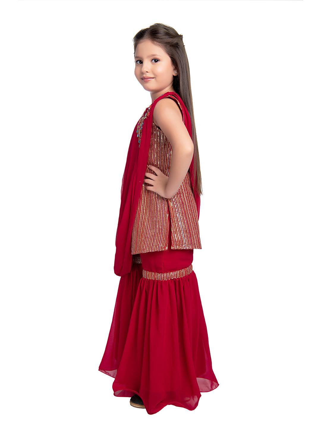 Red Striped Sequinned Kurta with Sharara & With Dupatta For Girls - Betty Ethnic India - Gharara / Sharara Set - Betty Girls Wear Online