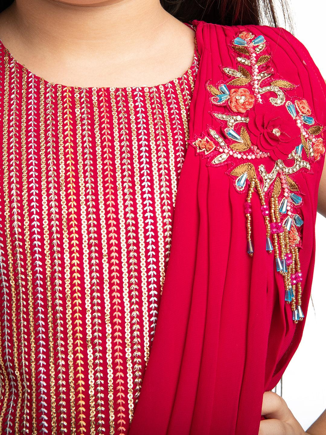 Red Striped Sequinned Kurta with Sharara & With Dupatta For Girls - Betty Ethnic India - Gharara / Sharara Set - Betty Girls Wear Online