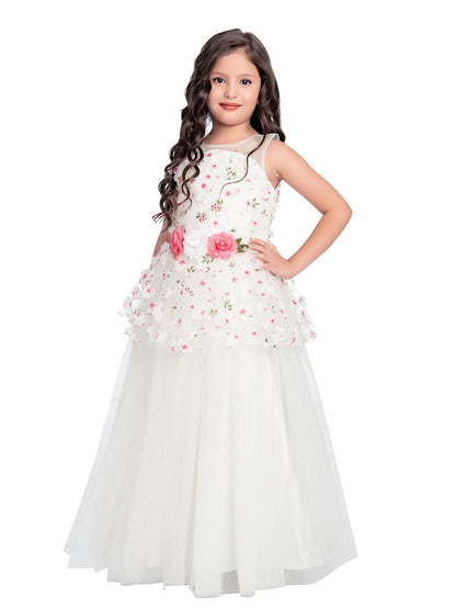 White Coloured Floral Fabric Imported Net Gown For Girls - Betty Ethnic India - Gown - Betty Girls Wear Online