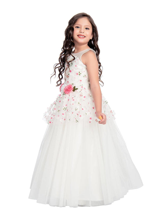 White Coloured Floral Fabric Imported Net Gown For Girls - Betty Ethnic India - Gown - Betty Girls Wear Online