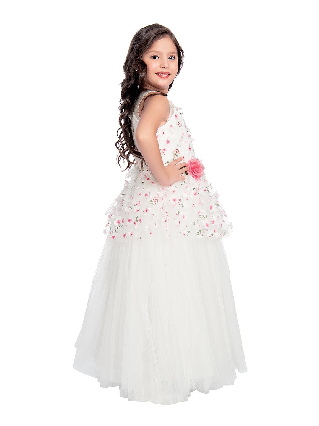 White Coloured Floral Fabric Imported Net Gown For Girls - Betty Ethnic India - Gown - Betty Girls Wear Online