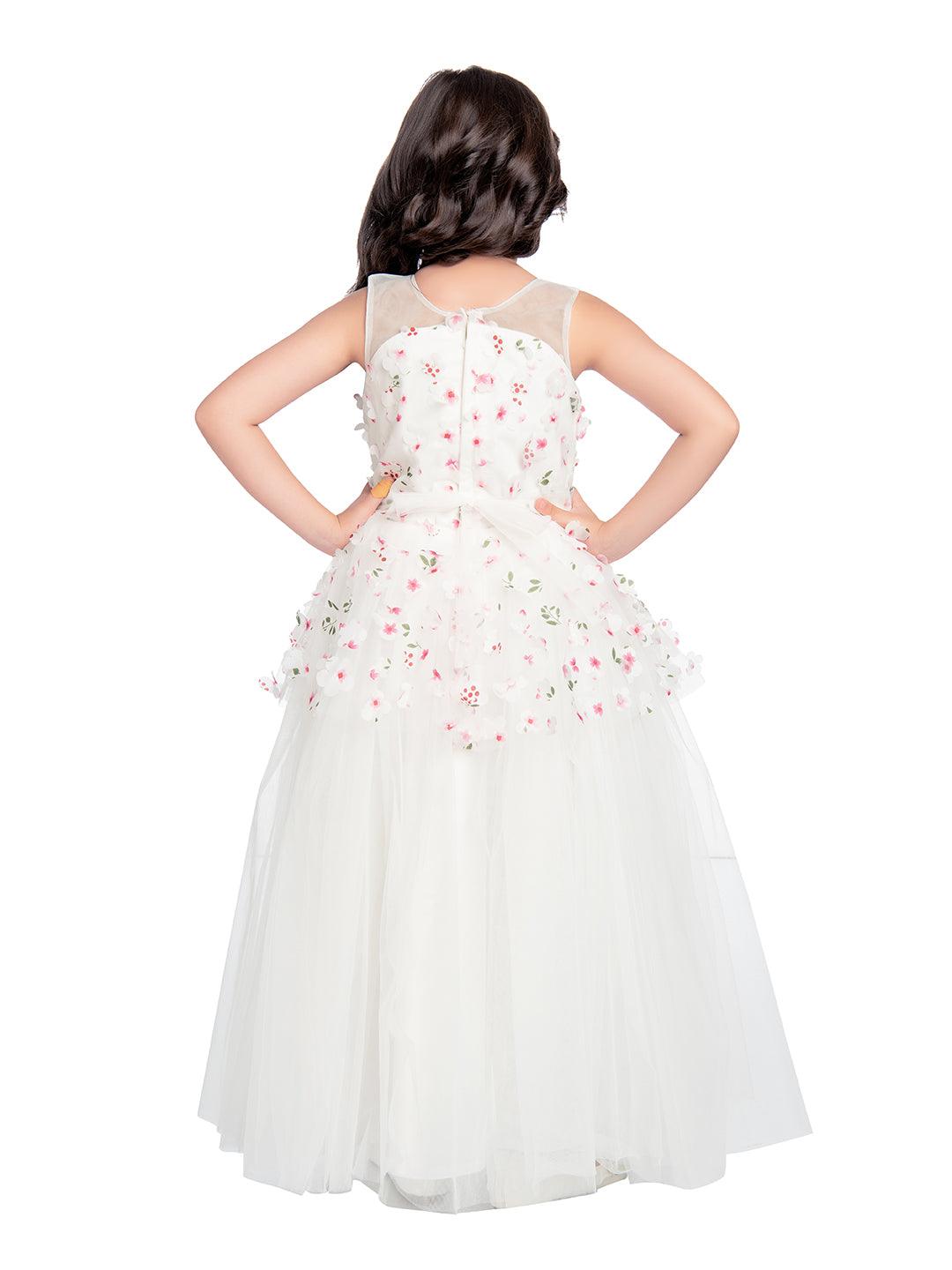 White Coloured Floral Fabric Imported Net Gown For Girls - Betty Ethnic India - Gown - Betty Girls Wear Online