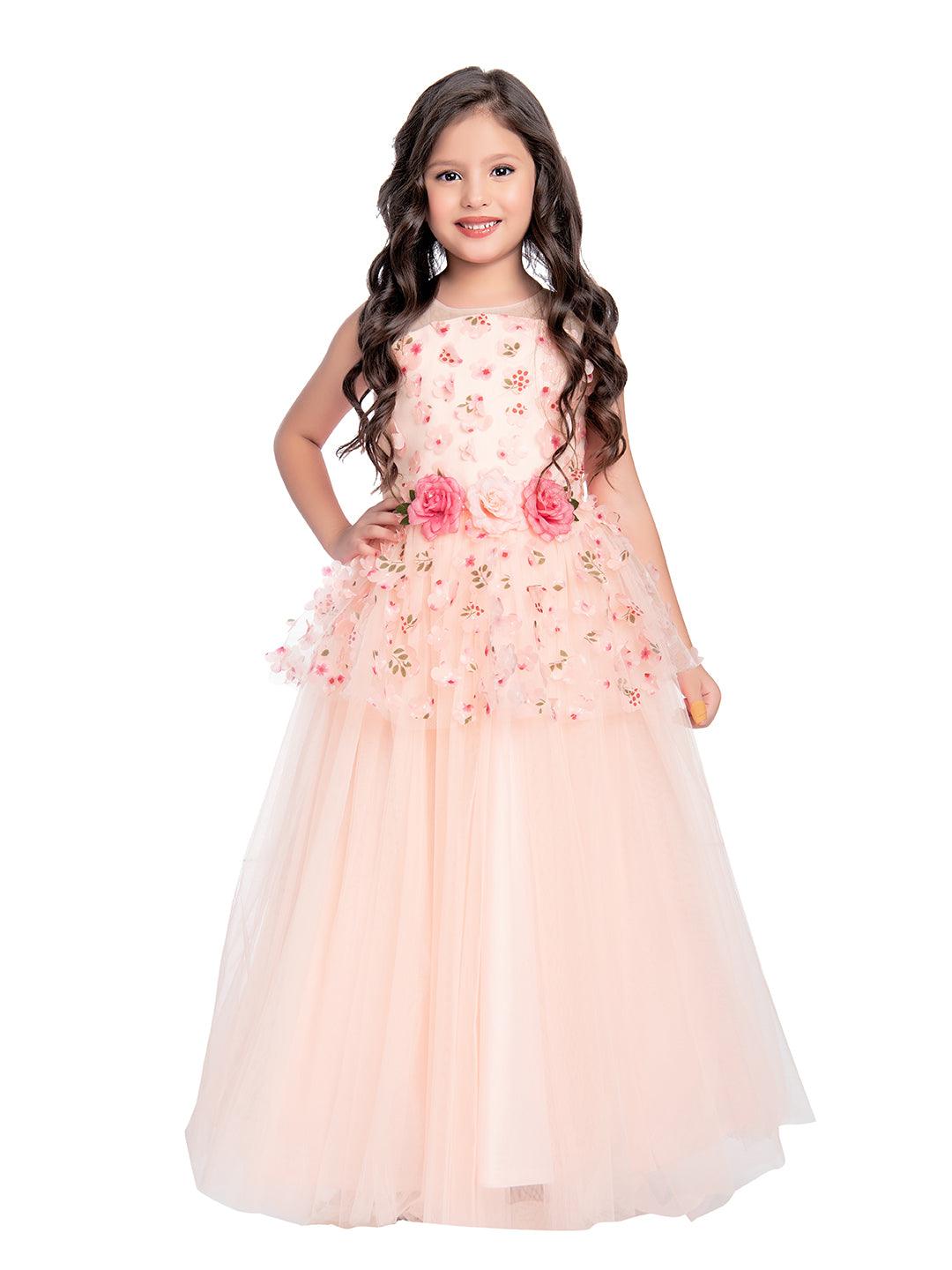 Peach Coloured Floral Fabric Imported Net Gown For Girls - Betty Ethnic India - Gown - Betty Girls Wear Online