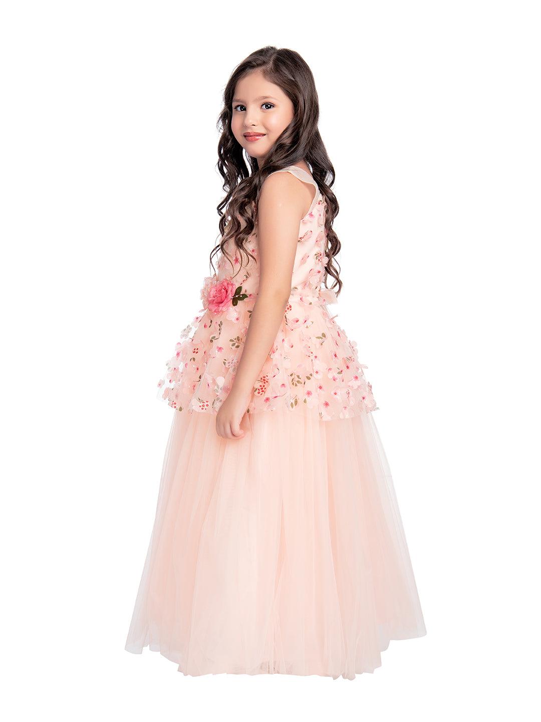 Peach Coloured Floral Fabric Imported Net Gown For Girls - Betty Ethnic India - Gown - Betty Girls Wear Online