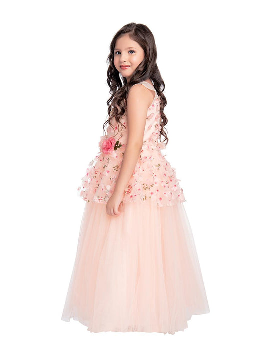 Peach Coloured Floral Fabric Imported Net Gown For Girls - Betty Ethnic India - Gown - Betty Girls Wear Online