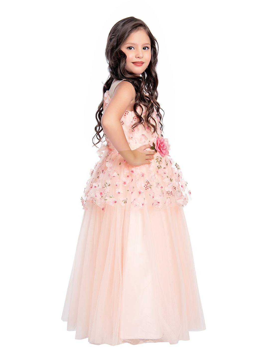 Peach Coloured Floral Fabric Imported Net Gown For Girls - Betty Ethnic India - Gown - Betty Girls Wear Online