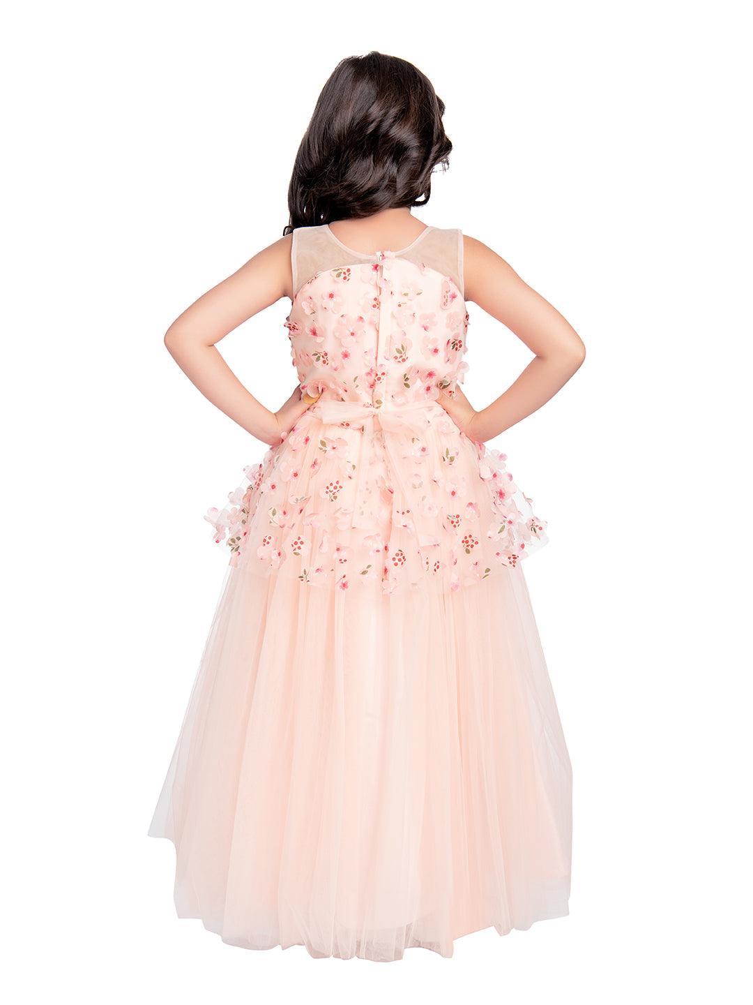 Peach Coloured Floral Fabric Imported Net Gown For Girls - Betty Ethnic India - Gown - Betty Girls Wear Online