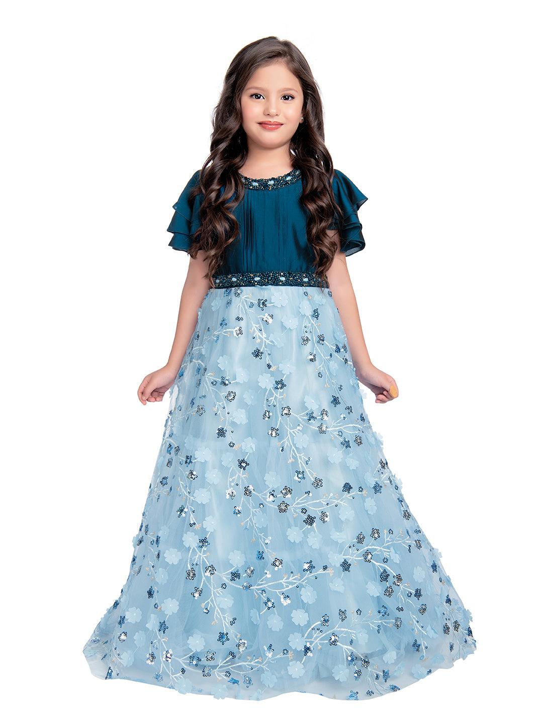 Blue Coloured Imported Floral Net Gown For Girls - Betty Ethnic India - Gown - Betty Girls Wear Online