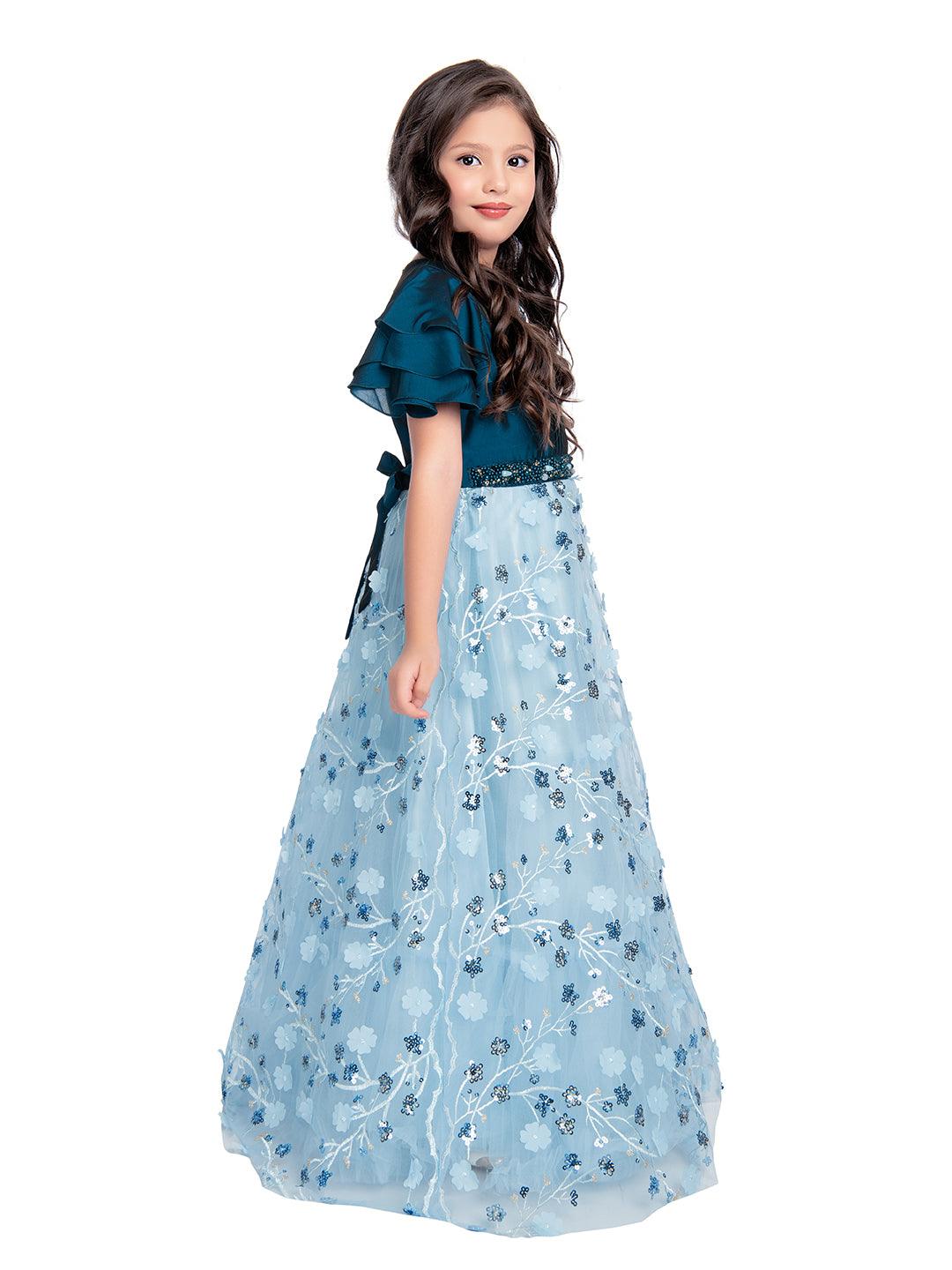 Blue Coloured Imported Floral Net Gown For Girls - Betty Ethnic India - Gown - Betty Girls Wear Online