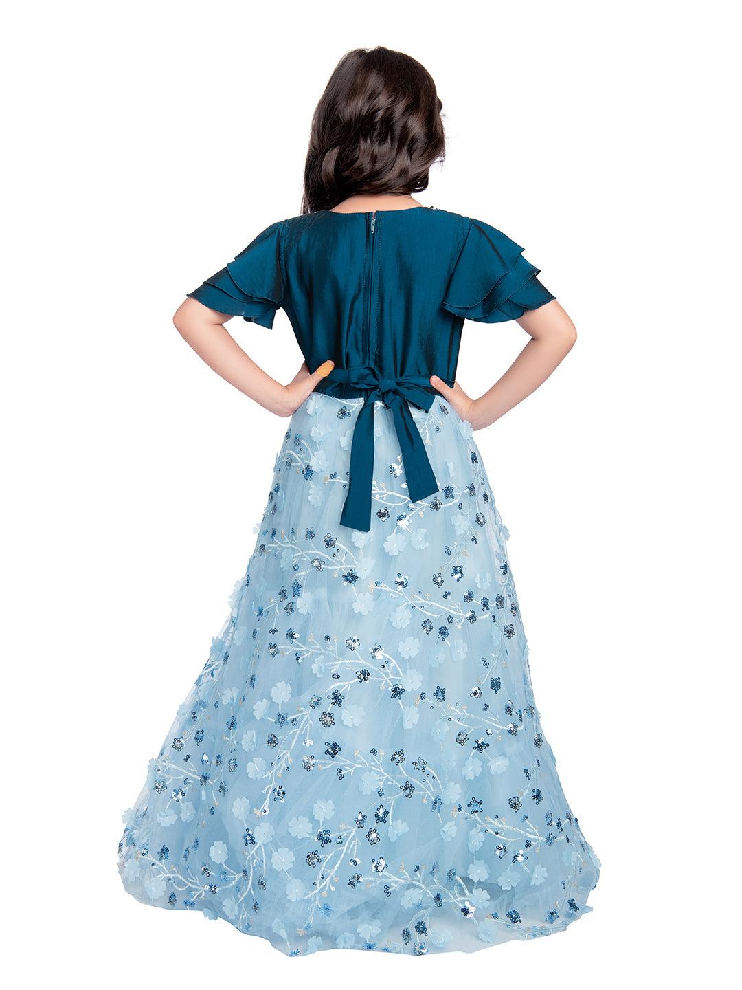 Blue Coloured Imported Floral Net Gown For Girls - Betty Ethnic India - Gown - Betty Girls Wear Online