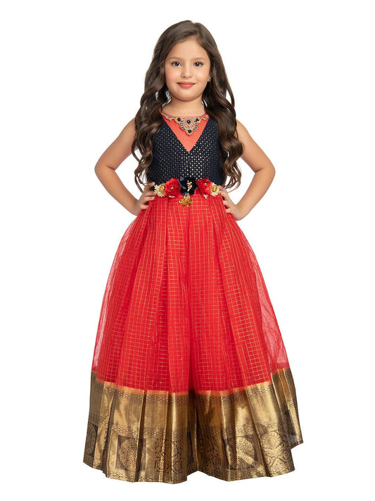 Red Embellished Pattu Pavadai Net Gown For Girls - Betty Ethnic India - Gown - Betty Girls Wear Online