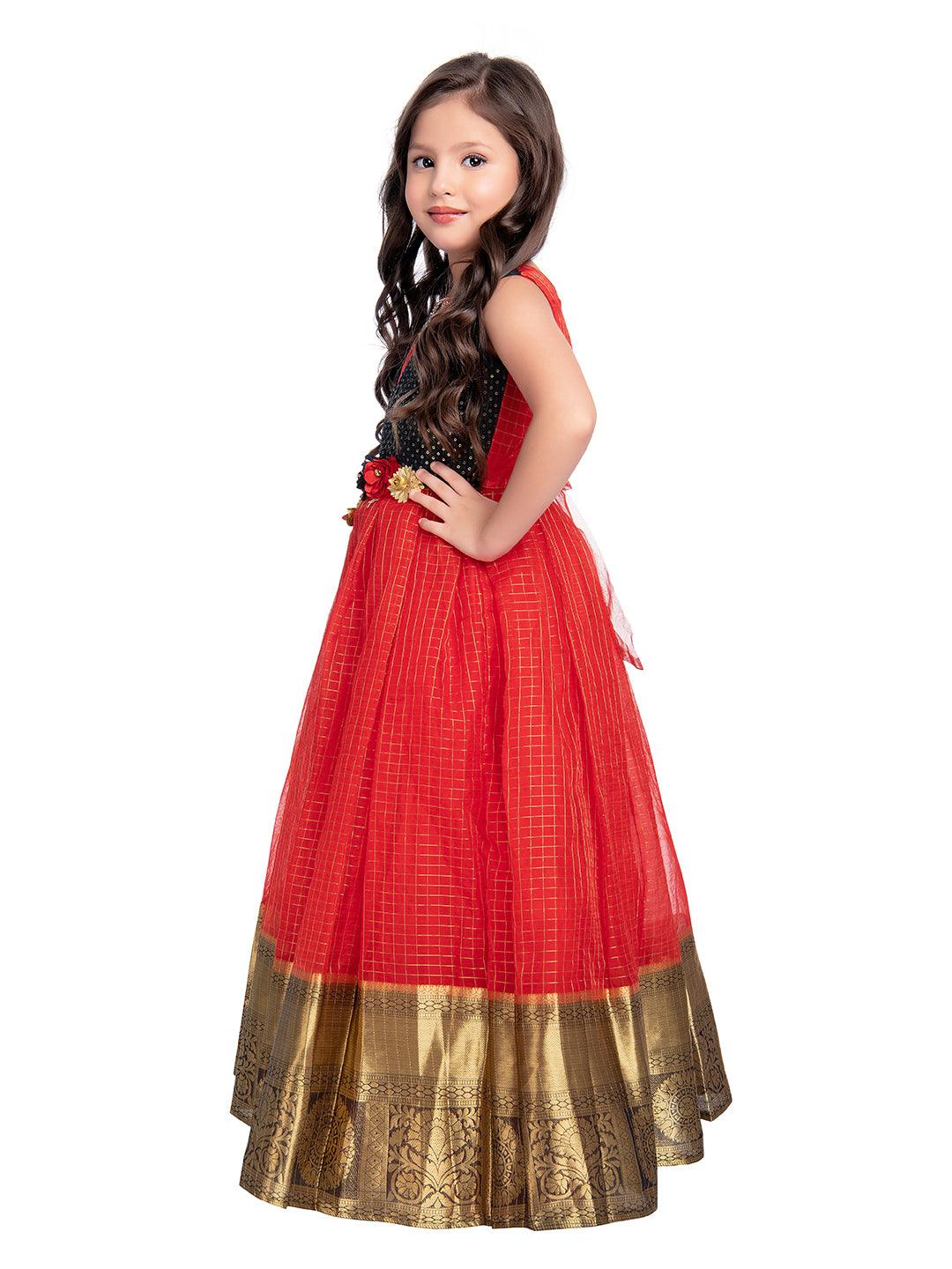 Red Embellished Pattu Pavadai Net Gown For Girls - Betty Ethnic India - Gown - Betty Girls Wear Online