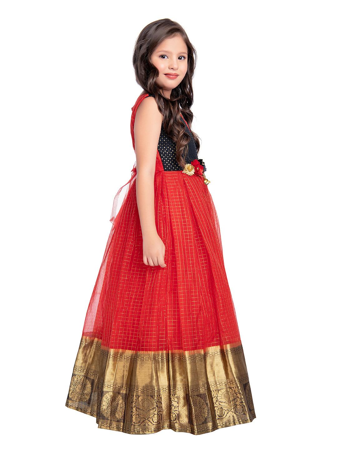 Red Embellished Pattu Pavadai Net Gown For Girls - Betty Ethnic India - Gown - Betty Girls Wear Online