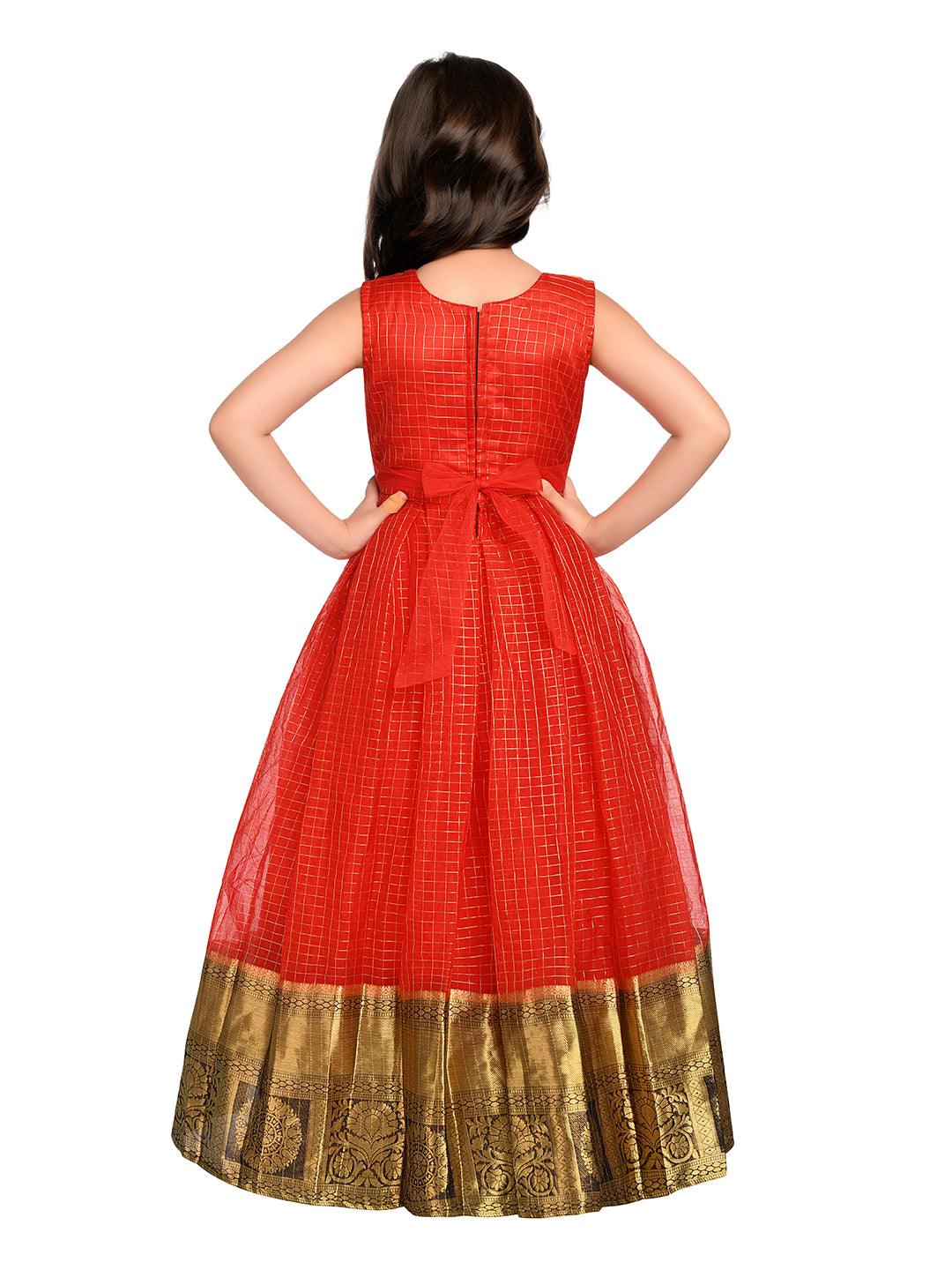 Red Embellished Pattu Pavadai Net Gown For Girls - Betty Ethnic India - Gown - Betty Girls Wear Online