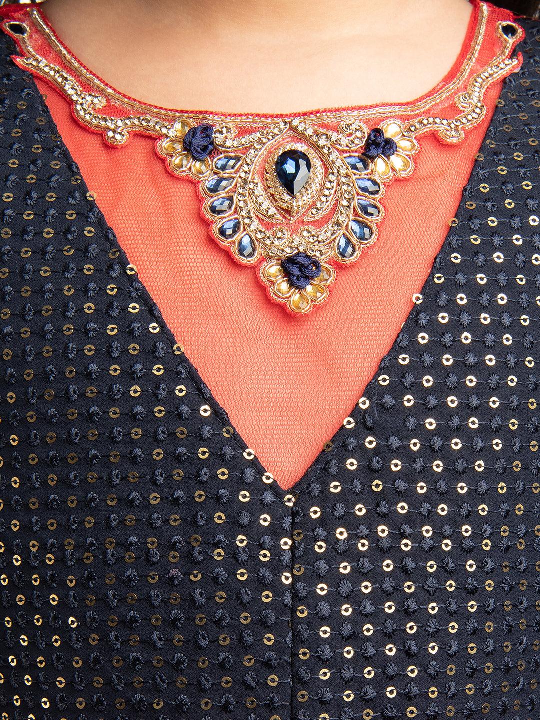 Red Embellished Pattu Pavadai Net Gown For Girls - Betty Ethnic India - Gown - Betty Girls Wear Online