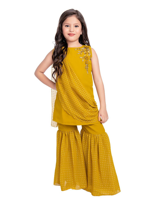 Mustard Embellished Kurta & Sharara Set For Girls - Betty Ethnic India - Gharara / Sharara Set - Betty Girls Wear Online