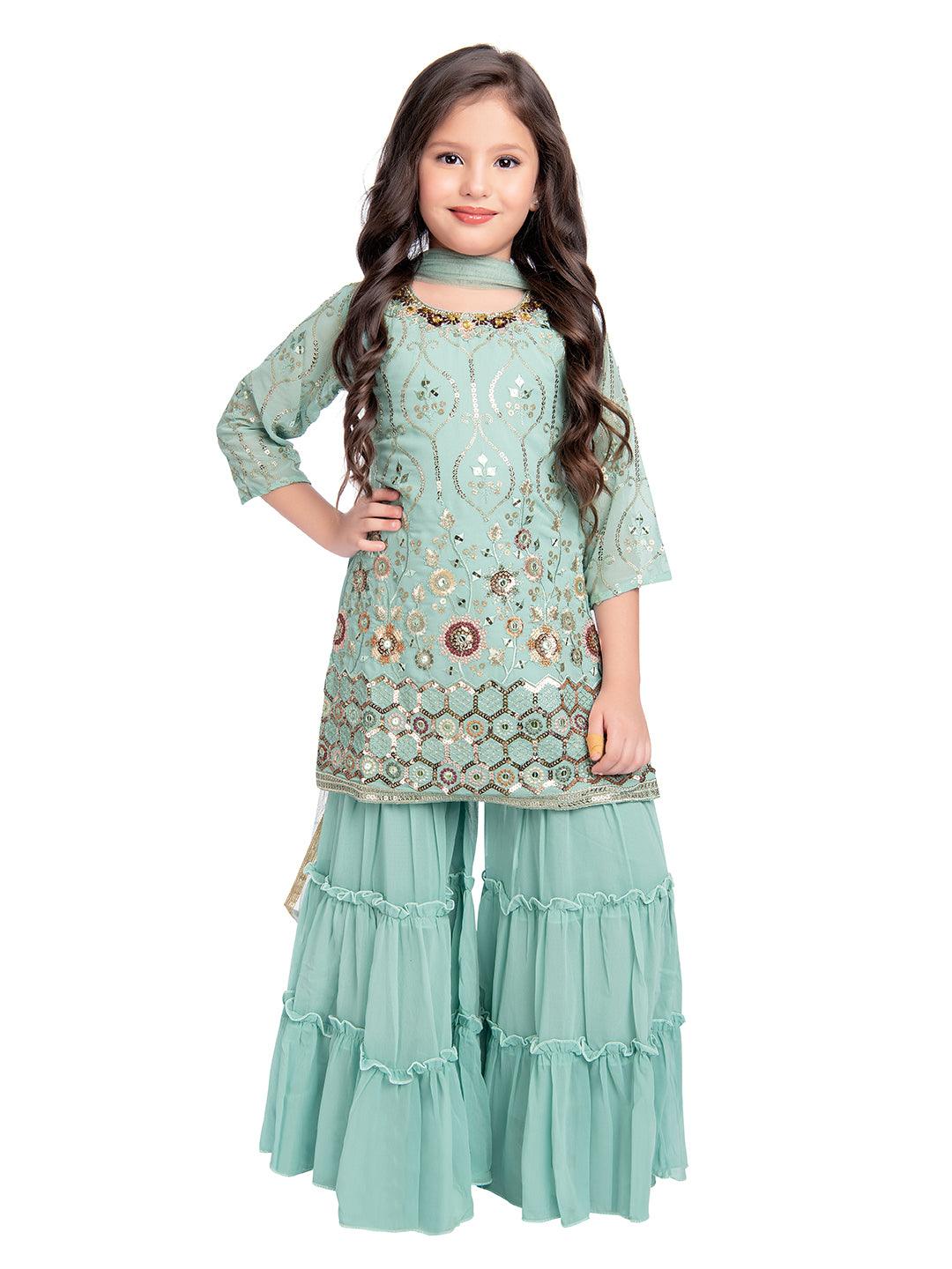 Turquoise Blue Floral Embroidered Sequinned Kurta with Sharara & With Dupatta For Girls - Betty Ethnic India - Gharara / Sharara Set - Betty Girls Wear Online