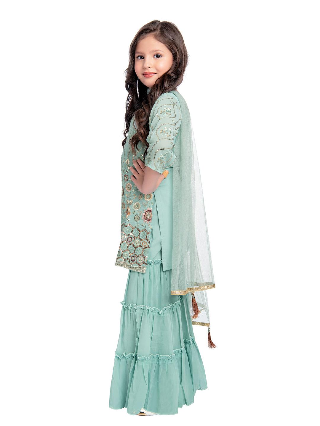 Turquoise Blue Floral Embroidered Sequinned Kurta with Sharara & With Dupatta For Girls - Betty Ethnic India - Gharara / Sharara Set - Betty Girls Wear Online