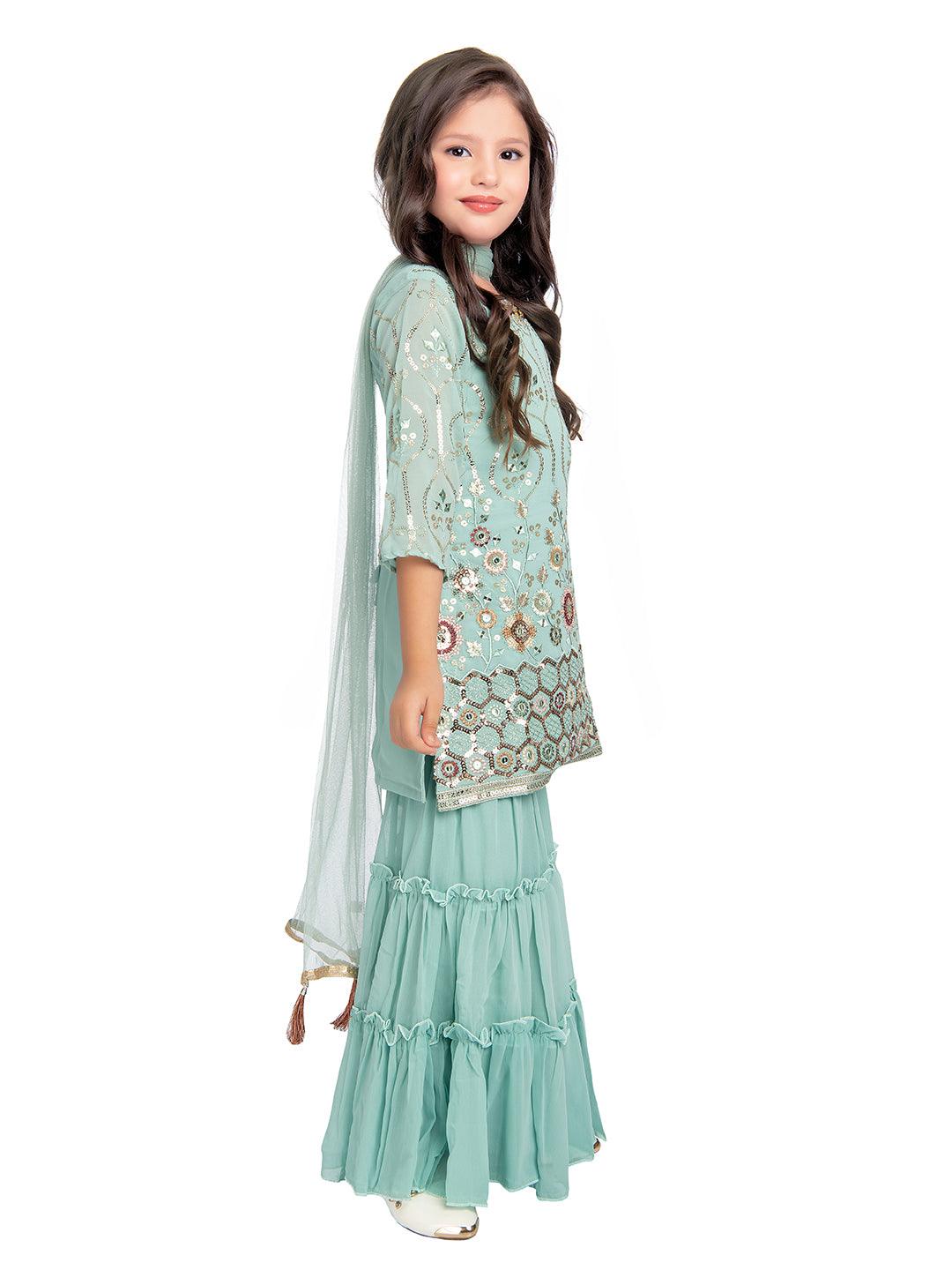 Turquoise Blue Floral Embroidered Sequinned Kurta with Sharara & With Dupatta For Girls - Betty Ethnic India - Gharara / Sharara Set - Betty Girls Wear Online